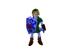 Adult Link from Ocarina of Time slashing his sword then looking at it, then repeating as a gif.