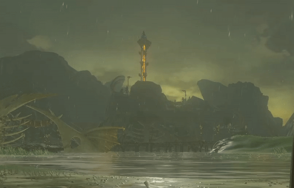 Area in BotW with a golden sky, it’s drizzling and the sky is clearing.