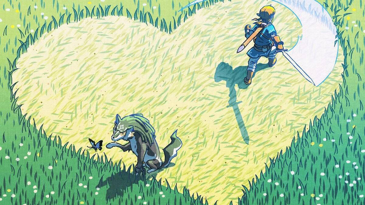 Official Nintendo art of BotW Link and Wolf Link in a field. BotW Link has slashed a heart and Wolf Link is sitting, looking at a butterfly.